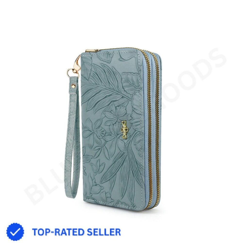 Large Capacity Double Zip Clutch Wallet PU Leather Wrist Strap Elegant Modern